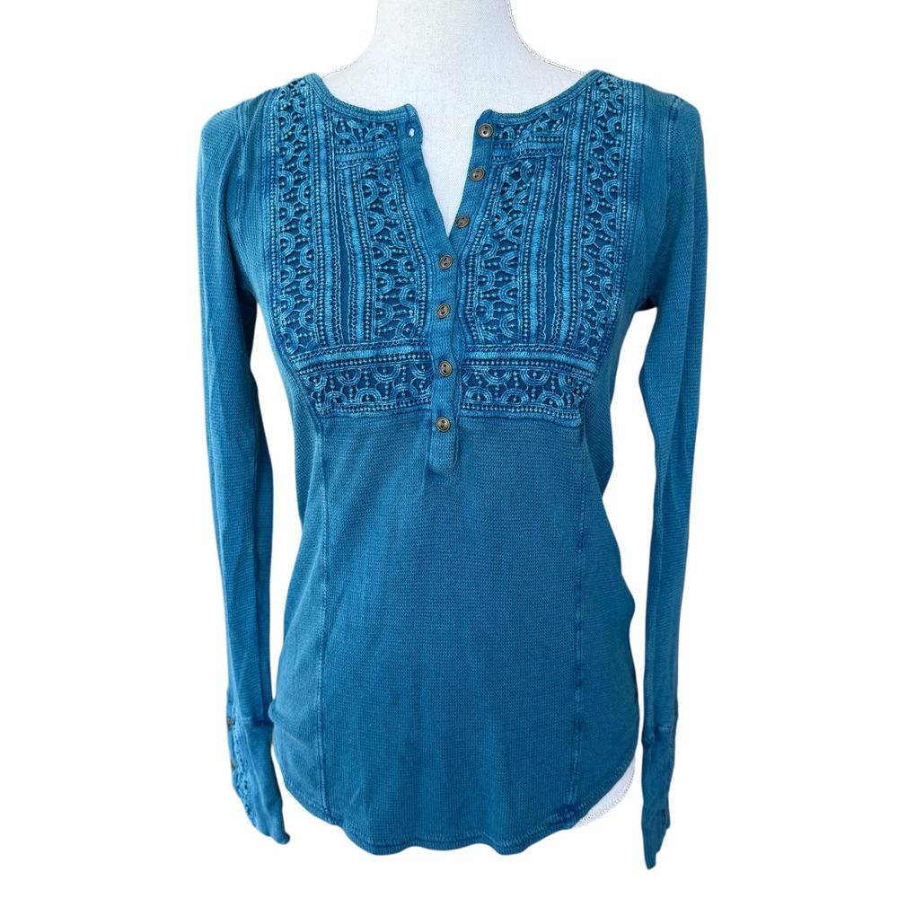 Lucky Brand Teal Blue Crochet Lace Henley Thermal Top Long Sleeve XS